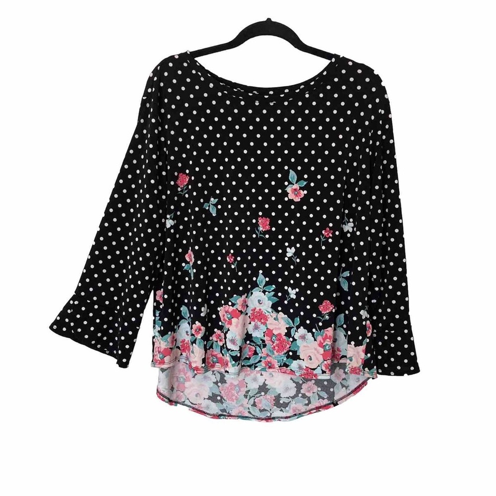ELLE Polka Dot and Floral Ruffle Sleeve Blouse